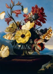 Vase de fleurs avec un papillon